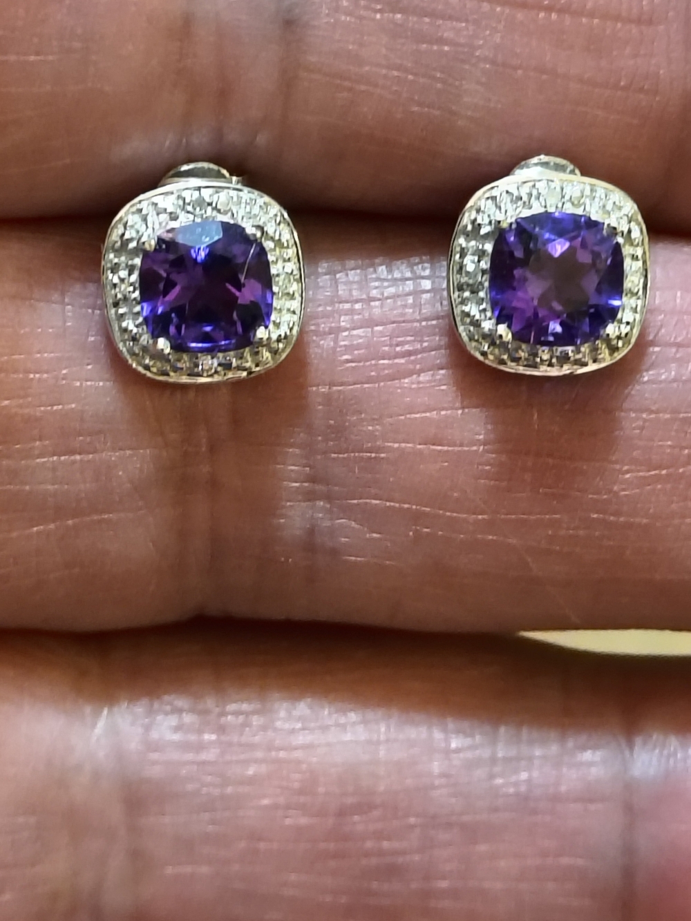 Sterling Silver Amethyst & Diamond Halo Stud Earrings Signed Designer